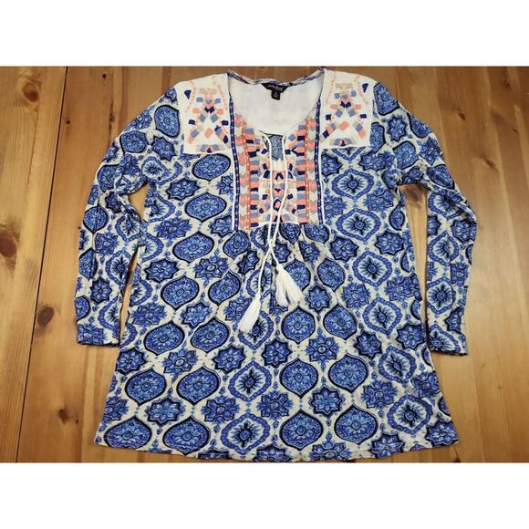 Lucky Brand Tops - Lucky Brand Women Tassel Tie Top Small Multi Color Floral Embroidered 3/4 Sleeve